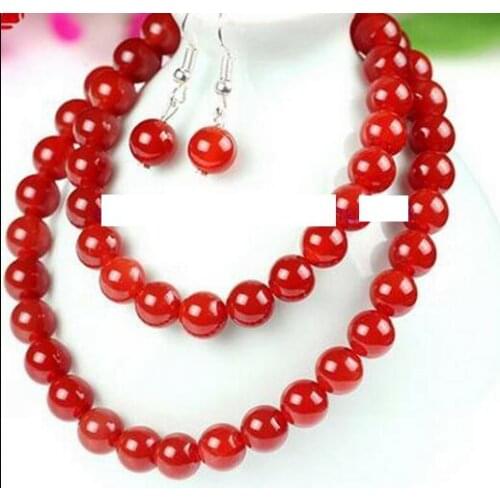 Long 18" 10mm Real Red Jade Round Beads Necklace Earring Set