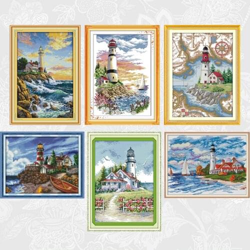 Joy Sunday The lighthouse Patterns DIY Cross Stitch Kits Printed Fabric 11CT 14CT Canvas Chinese Embroidery Needlework Sets
