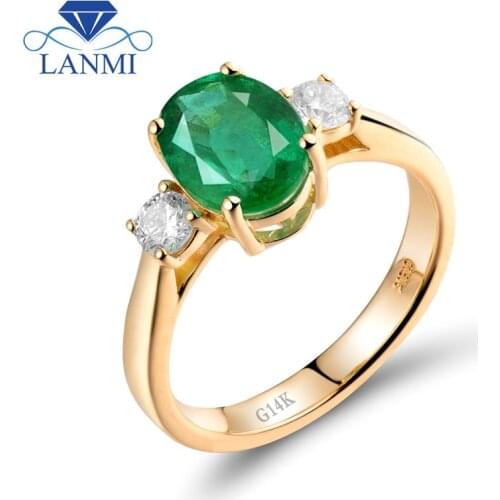 Simple Solid 14K Yellow Gold Natural Green Emerald Wedding Rings Design Shinning Diamond Wholesale Gemstone Fine Jewelry