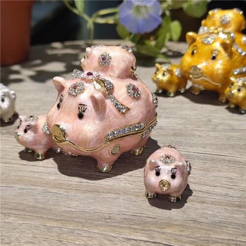 Pewter Pig Trinket Jewelry Box Creative Cute Gifts Metal Craft Collectibles Pig Mother with Three Baby Keepsake Case