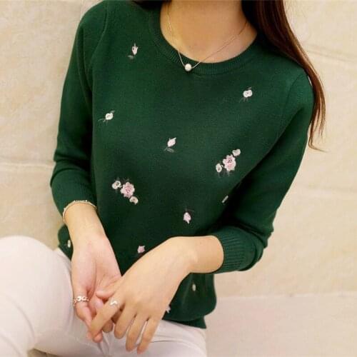 Embroidery Long Sleeve Casual Sweater 2021 New Womens Pullovers Flowers Sweaters Female Cotton Short Solid Color Female Tops