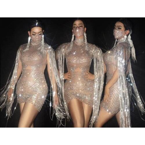 Transparent Silver Rhinestones Dress Mesh See Through One-piece Crystals Fringes Dress Birthday Celebrate Costume
