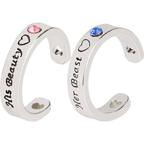 Rhinestone Her Beauty His Beast Heart Cut Off Engraved Open Adjustable Ring Couple Rings Set Valentines Day Gift