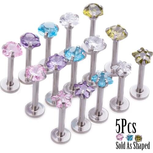 5pcs/lot Cubic Zirconia Labret Lip Monroe Studs Women Surgical Steel Internally Threaded Tragus Helix Ear Piercing Earring 16G