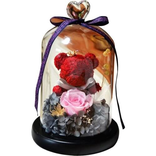 Glass Cover Mini Flower Bear Rose With Light Diy Dried Flower Preserved Flower Romantic Valentines Day Gift