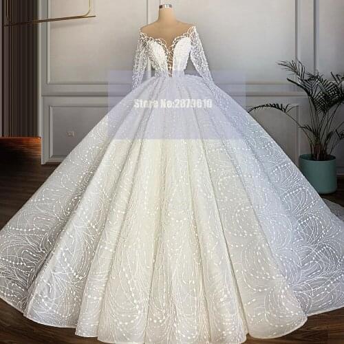 Round Neck Mariage Wedding Dresses Ball Gown Beaded Pearls Sequined Floor-Length Bridal Gown Wedding Dress Train 2020 Dubai