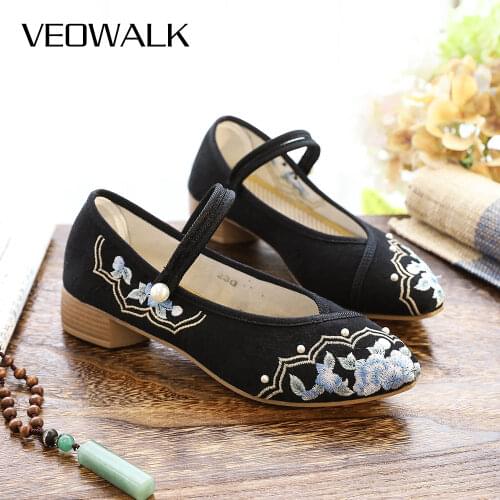 Veowalk Pearls Rivets Women Cotton Fabric Embroidered Flat Shoes Pointy Toe Instep Strap Canvas Flats Light Soft Comfortable