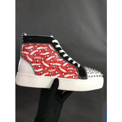 High Quanlity Classical Luxury Designer Rhinestone Red Bottom Sneakers Women Genuine Leather High Top Casual Shoes men