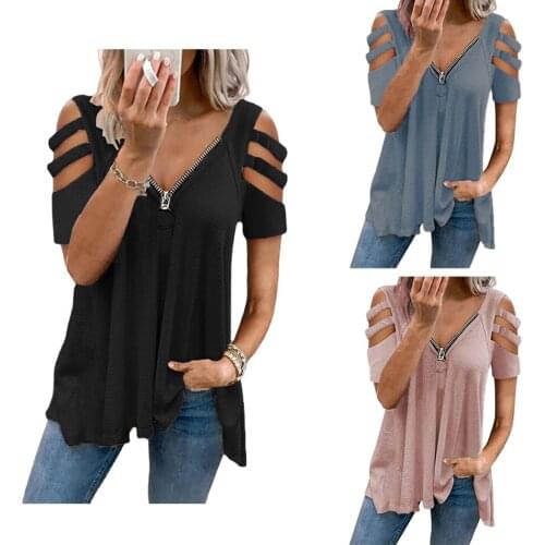 Womens Strapless T-shirt Loose Casual Top Sexy V-neck Zipper Low Cut Shirt Shoulder Hollow Top Fashion Casual