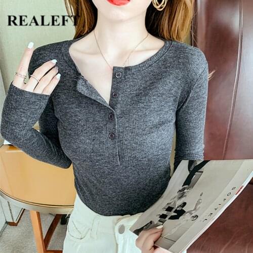 REALEFT 2021 New Autumn Winter Knitting Womens T-Shirts Long Sleeve Buttons Bottoming Knitwear Shirts Solid Female Slim Tops