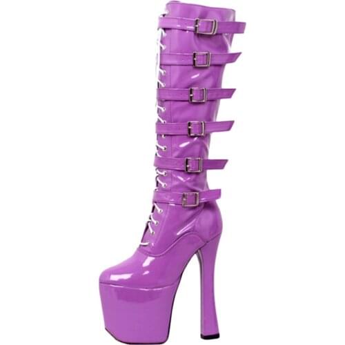 Women Knee-High Boots 8" Super High Chunky Heel Platform Buckle Straps Block Heels Knee Long Boots Martin Boots Femme