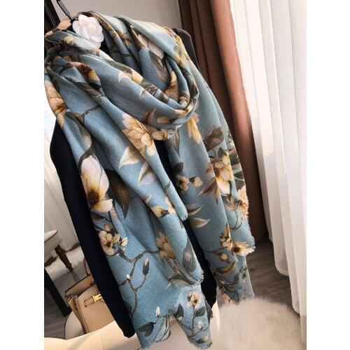 Printed Floral Cashmere scarf Women female autumn and winter Korean version of all-match intellectual blue long shawl dual-use