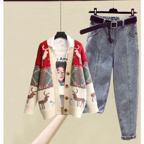 Women 2021 Autumn Winter New Casual Tracksuit Female 2 Pieces Set Knitted Sweater Cardigan + Denim Pants Suit Jeans Outfit Q689