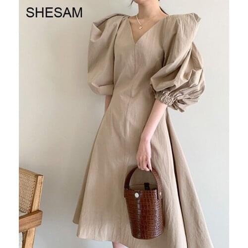 2021 Summer Dress Korean Chic French Slim V-neck Dresses Waist Length Over Knee Large Swing Bubble Sleeve Dress For Women