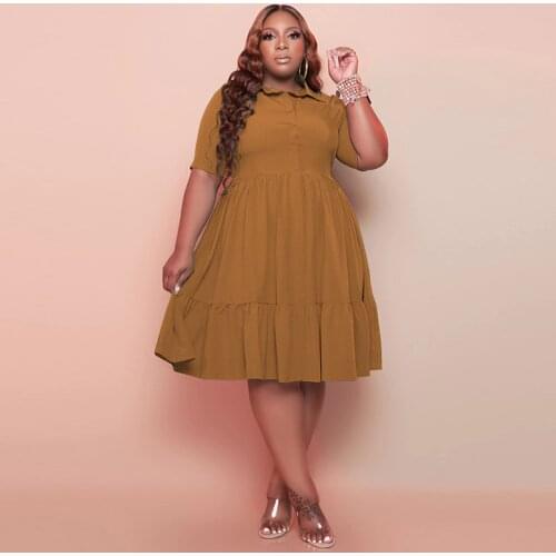 XL-5XL Large Size Women Fit and Flare Pleated Dress Turn Down Collar Short Sleeve Vestidos Office Lady High Waist A-line Dress