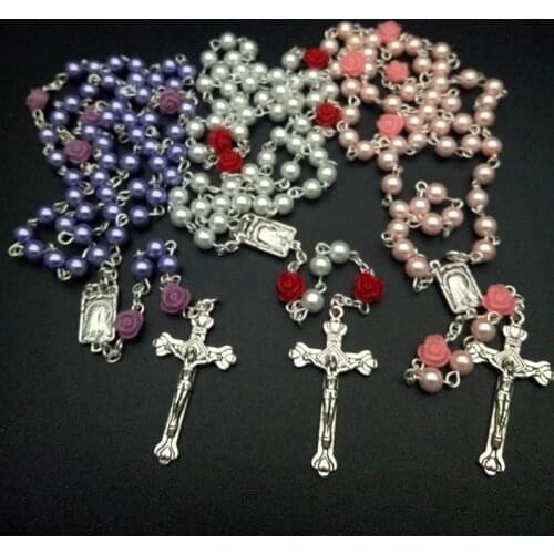 Vintage Religious White Simulated Pearl Beads Red Rose Catholic Rosary Necklace Women Long Strand Necklaces Jesus Jewelry Gift