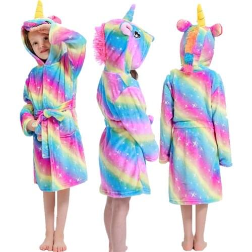 Winter Flannel Soft Kigurumi Rainbow Unicorn Pajamas Bathrobe Children Sleepwear Nightwear Homewear for Kids Bath Robes