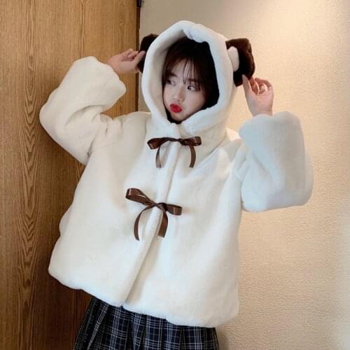 Winter small cotton jacket cute bear ears hooded bow tie cardigan plush warm student jacket women