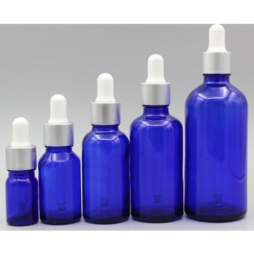 2/10pcs 5ml 10ml 15ml 20ml 30ml 50ml 100ml Empty Blue Glass Essential Oil Dropper Bottle with Matt Silver Cover &White Glue Head