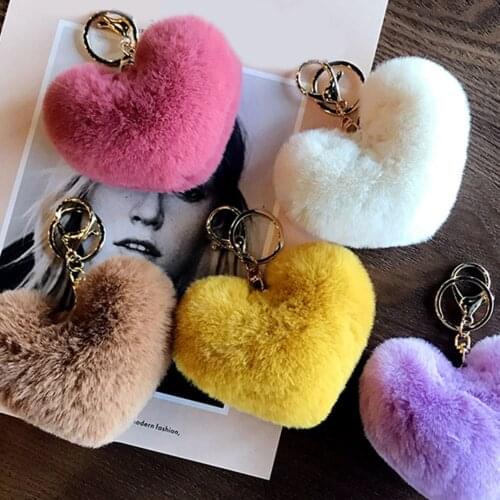 2020 Cute Keychain llaveros mujer Fake Rabbit Fur Heart Pompom Key Chain Women Girl Bag Cars Simple Fluffy Keyring Jewelry Gifts