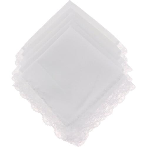 5PCS Ladies Wedding Handkerchief with Lace White Cotton Hanky