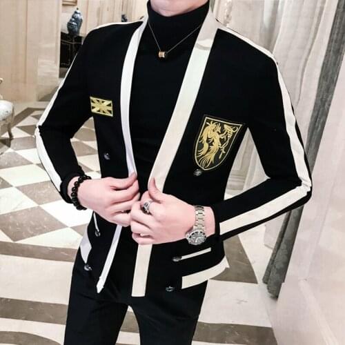 Black White Stripe Blazer With Gold Embroidery Slim Fit Stage Costumes For Singers Mens Wedding Prom chaqueta de vestir hombre