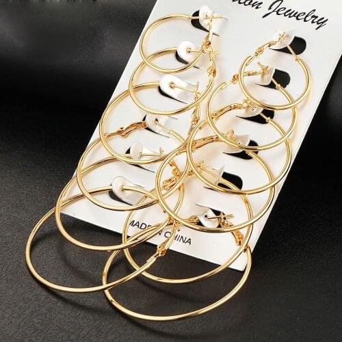 6Pairs/set Gold New Vintage Dangle Ring Big Circle Earrings Women Fashion Jewelry Steampunk hoop earrings ear cilp