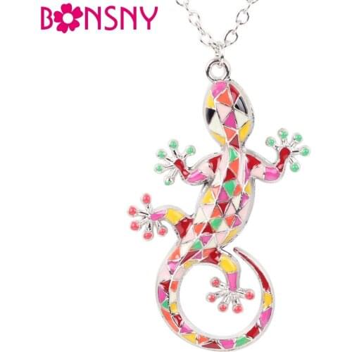 Bonsny Statement Collar Alloy Enamel Gecko Lizard Necklace Long Chain Pendant News Choker Novelty Jewelry For Women Accessories