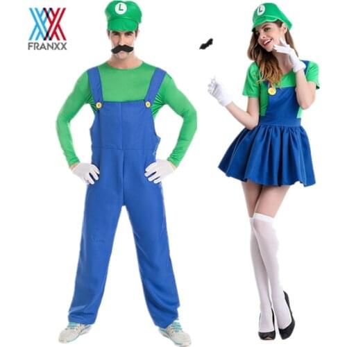 FRANXX Funy Super Costume Luigi Brothers Plumber Cosplay Shirt Rompers Hat Suits Men Boys Halloween Fancy Dress Party Kids