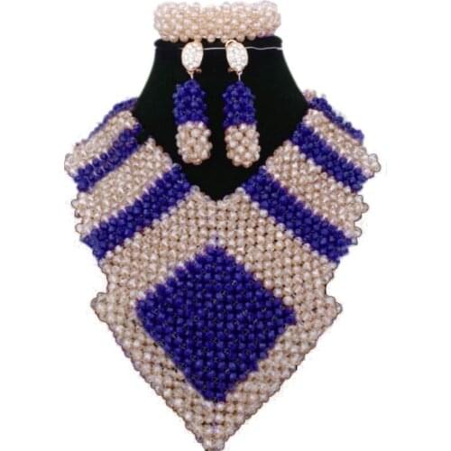 Dudo Store Luxury Nigerian Wedding African Beads Jewelry Set Women Gold and Royal Blue Necklace Set Free Shipping New Designs