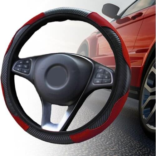 Red Car Auto Steering Wheel Cover Carbon Fibre Breathable Anti-slip Protector Design for Safety Grap Four Seasons Universal