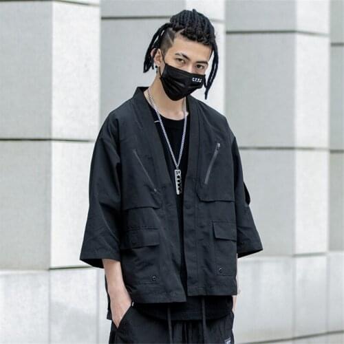 Summer Double Ribbon Functional Couples Multi - Pocket Leisure Seven - Minute Sleeve Jacket Trend