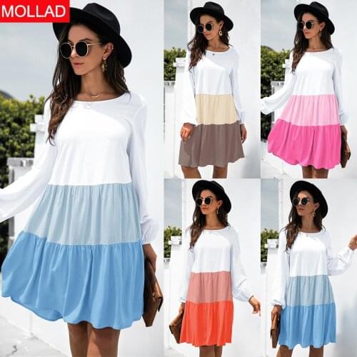 2021 Hot Sale New Product Stitching Contrast Color Long-Sleeve round-Collar Dress
