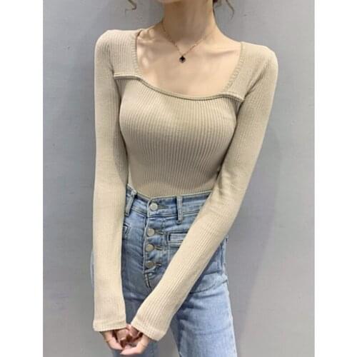 LJSXLS Spring Autumn Long Sleeve Women T-shirt Slim Cotton T Shirt Solid Square Collar Top Female Black Camisetas De Mujer 2021