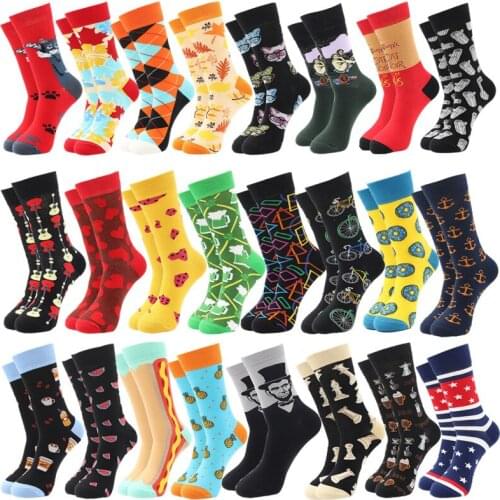 Fashion Mens Funny Socks New Art Bicycle Maple Leaf Color Stripes Little Yellow Duck Donuts Casual Design Funny Hip Hop Socks