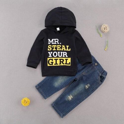 Fashionable Baby Boys Suit, Hooded Black Sweater with Letter Patterns Long Blue Jeans for Autumn and Spring