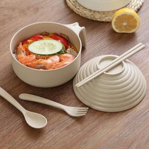 Solid Bowl Set With chopsticks fork spoon Wheat fiber Bowl with handle cover Single tableware Instant noodles Eco-Friendly 330E
