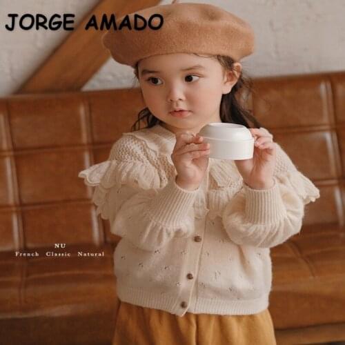 2021 New Autumn Baby Girls Sweater Pullover Puff Sleeves Beige Ruffles Knitting Round Collar Thin Top Children Outwear E1130