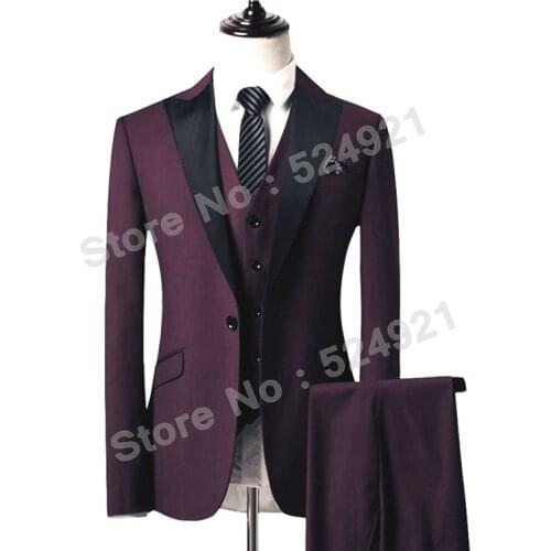 New Style Groomsmen Burgubdy Groom Tuxedos Peak Black Lapel Men Suits Wedding Best Man Blazer ( Jacket+Pants+Vest+Tie ) C486