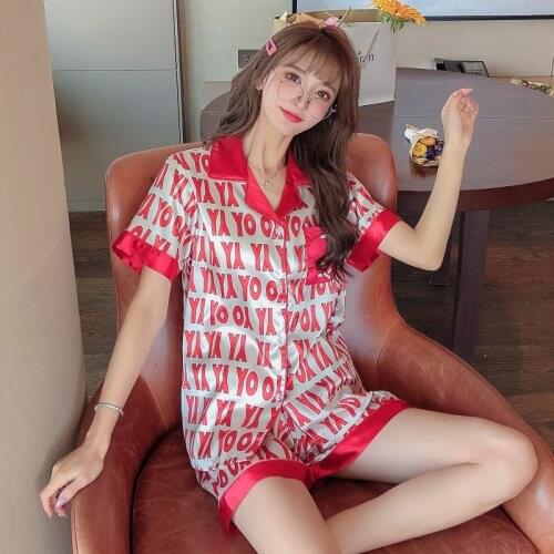 Summer Sexy Silk Pijamas Women Cartoon Letter Print Short Sleeve Lapel Sleepwear Shorts Ice Silk Casual HomeWear M-2XL