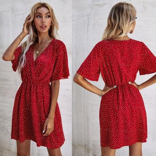Summer Dot Floral Print Sweet A-Line Dress Women V-Neck Slim Short Sleeve Mini Dresses Fashion Casual Clothing Short Vestidos