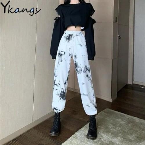 Harajuku Streetwear Tie Dye Sports Pants Women Drawstring Joggers Women Elastic High Waist Trousers Woman Korean Harem Sweatpant