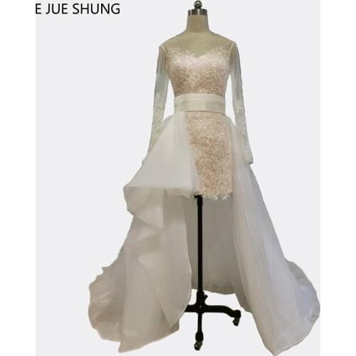 E JUE SHUNG White Lace Detachable Train Wedding Dresses 2017 Long Sleeves Front Short Long Back Wedding Gowns trouwjurk