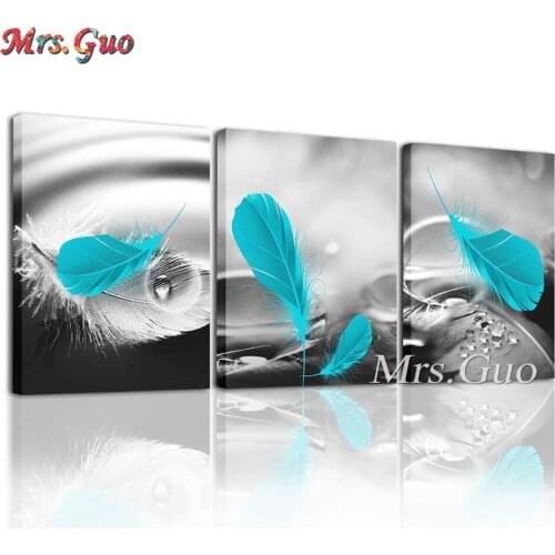 Triptych Diy 5d Diamond Painting Black And White Blue Feathers 3 Pieces Full Square Diamond Mosaic Embroidery Decoration