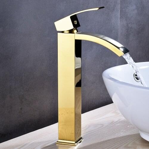 Tall Waterfall Bathroom Sink Faucet Golden Polish Sink Mixer Tap Deck Mount
