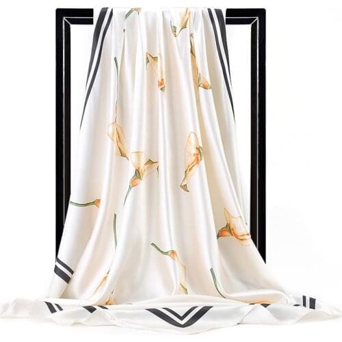 Aestheticism Womens Simple Silk Scarf Plants and Flowers Printing Female Sex Neckerchief Daily Casual Soft Head Scarves 90cm