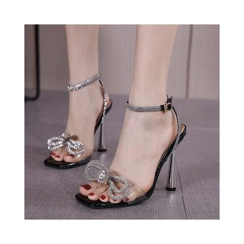 2021 summer new fashion luxury rhinestone ladies pumps bow open toe high heel sandals female stiletto party prom fairy shoes