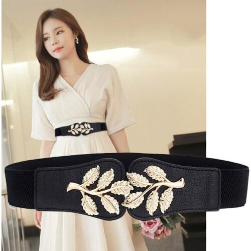 Women Belt Gold Leaves Metal Buckle Waist Belt Stretch Elastic Wide Belt Fashion Waistband for Ladies