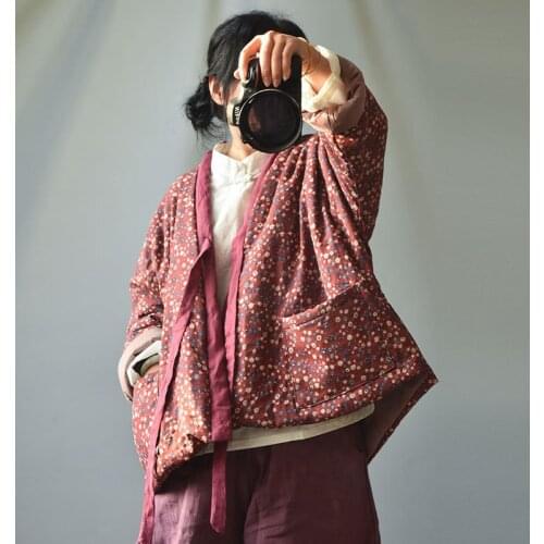 Women Cotton Linen Printed V Neck Padded Coat Outerwear Ladies Vintage Short Coat Parkas Female 2020 Retro Vintage Coat