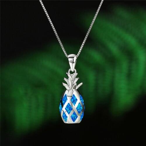 Creative Fruit Pineapple Pendant Necklace Charm Female Blue Opal Wedding Necklace Classic Silver Color Chain Necklaces For Women